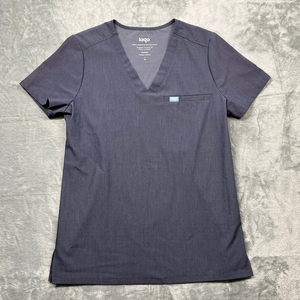 Lago‎ Scrub Top Women XS Charcoal Grey V-Neck Sustainable Recycled Pocket